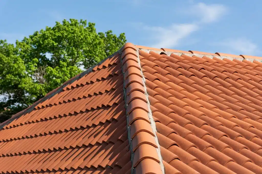 Closeup view of sustainable roof clay tiles