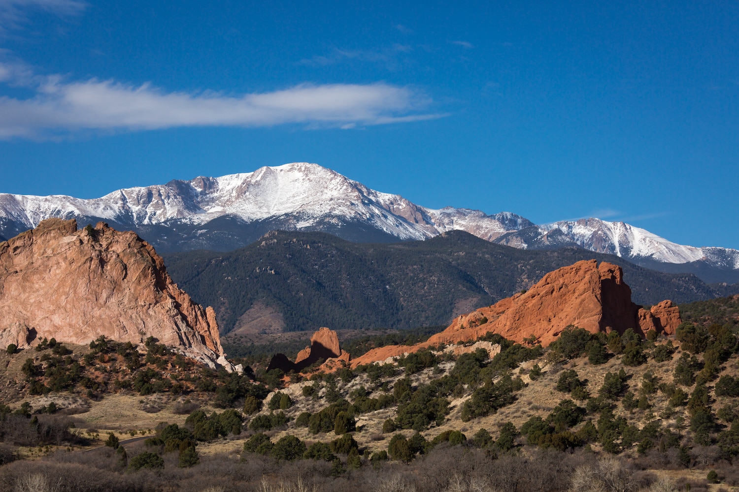 parks in colorado springs faraway view of pikes peak with red rocks in the front