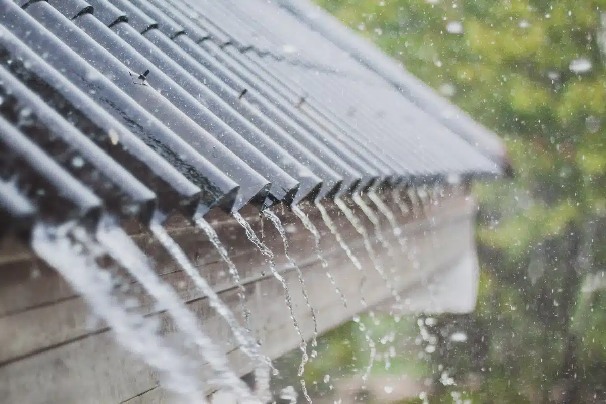 Close up of metal roof leaking during storm