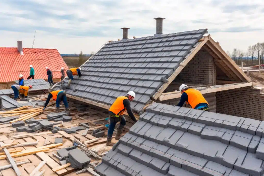 construction crew building modern house roof 
