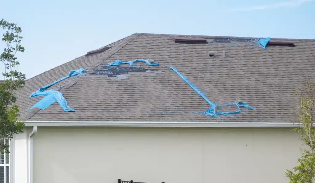 storm damaged roof shingles and tarp to cover