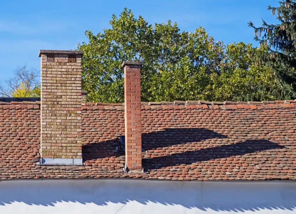 old building roof with chimney and trees in the background