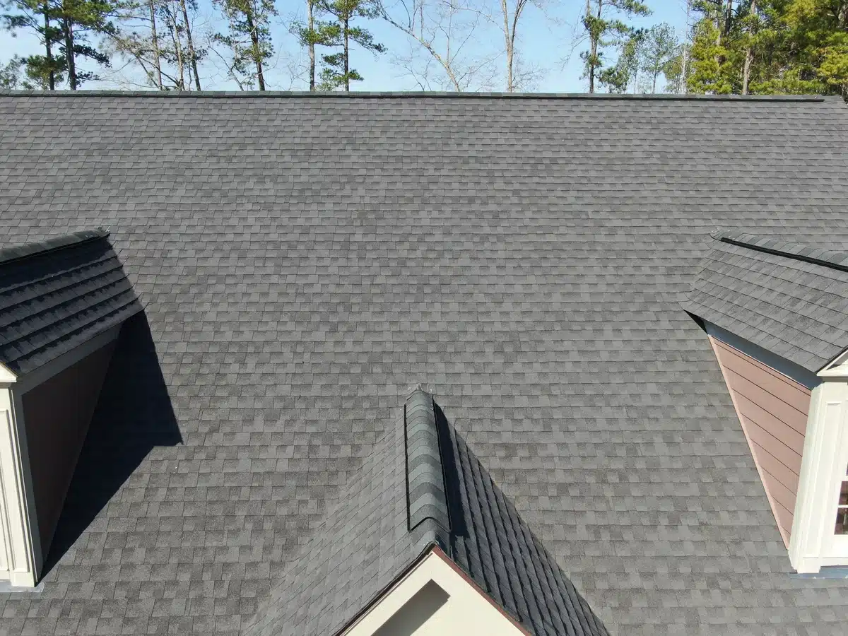 close up to asphalt shingles with trees in yard