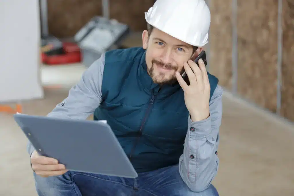 contractor on the phone smiles at camera