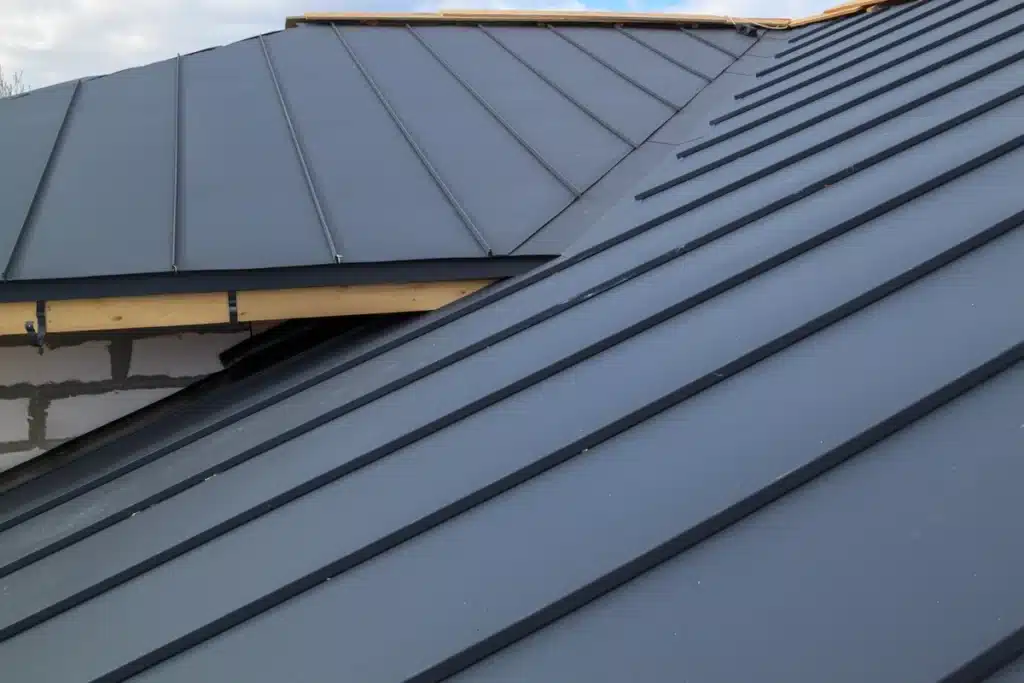 close up black metal roofing