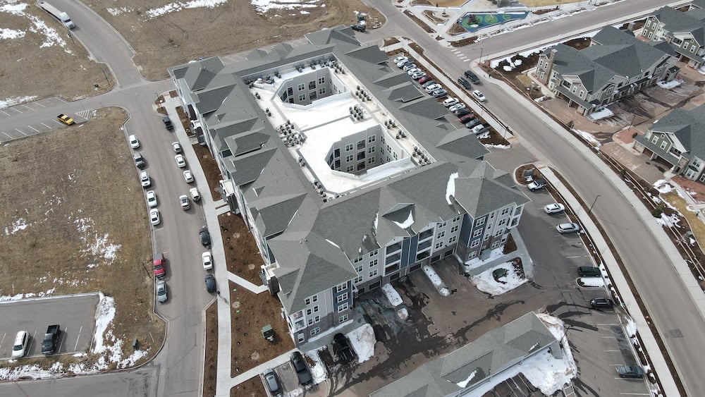 Aerial view of the multifamily building and roof at 2355 Merchantile