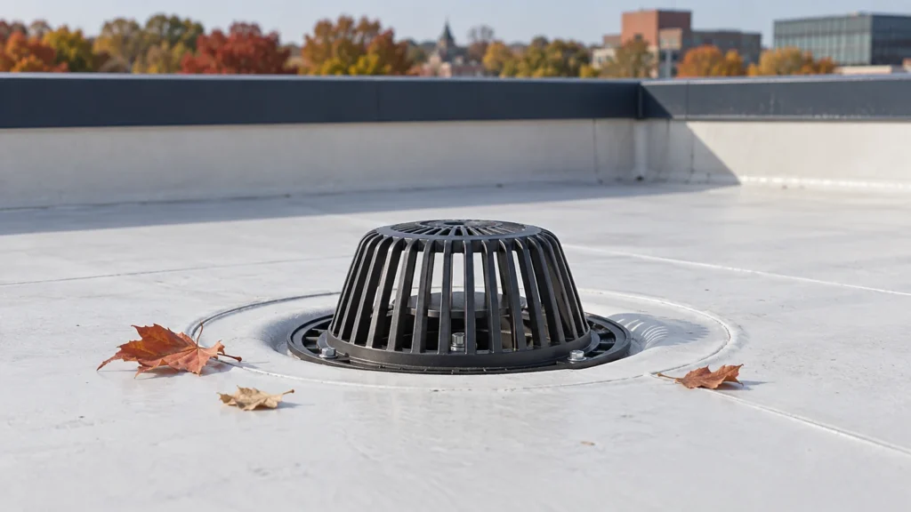 Illustration of a drain and leaves on a white commercial roof during a maintenance check.