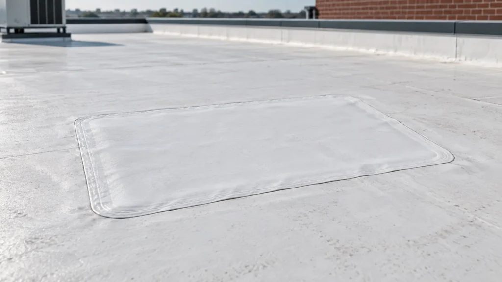 Illustration of a repair patch on a white TPO commercial roof membrane.