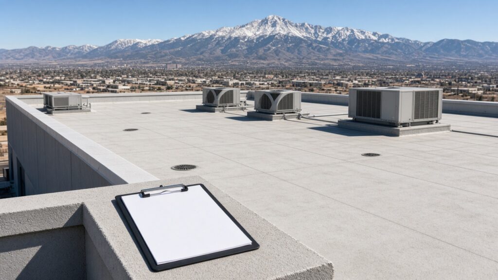 Flat commercial roof with rooftop HVAC units, roof drains and an inspection clipboard on the parapet, Front Range mountains behind