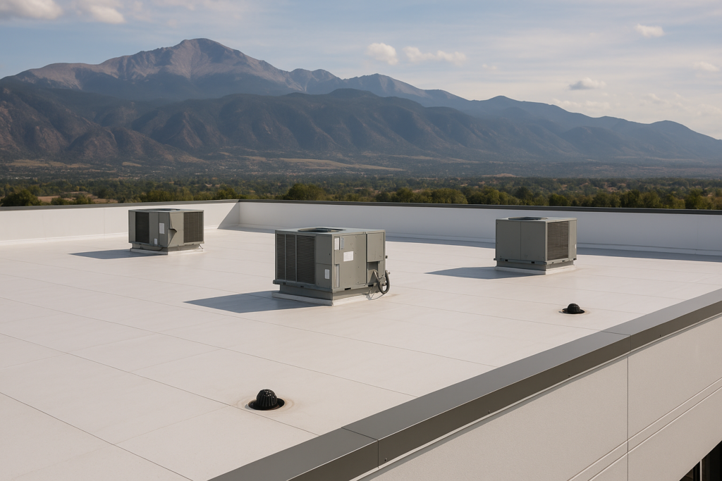 AI illustration of a white low-slope commercial roof with rooftop HVAC units and Front Range mountains, for a guide to commercial roofers in Colorado Springs