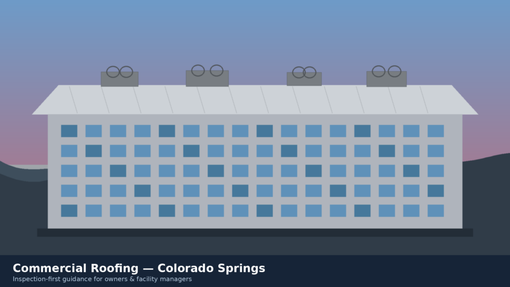 Illustration of a multi-story commercial building with rooftop HVAC units, titled Commercial Roofing Colorado Springs inspection-first guide