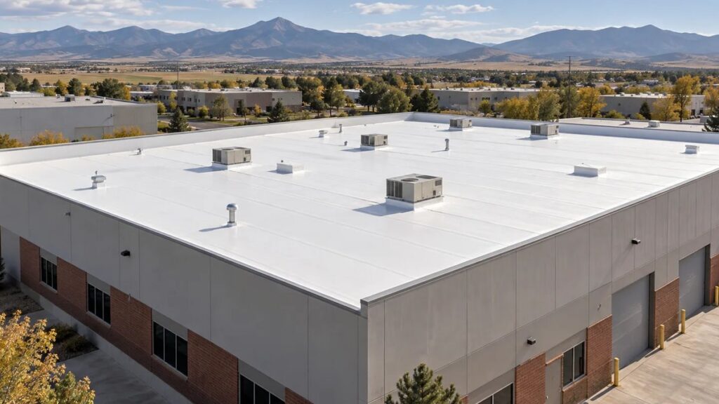 AI illustration of a white low-slope commercial roof with rooftop units and Front Range mountains, for a guide to commercial roofing contractors in Colorado Springs