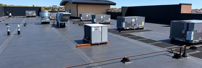 Completed EPDM commercial roof with rooftop HVAC units, walk pads and sealed seams installed by Tectum Roofing in Colorado