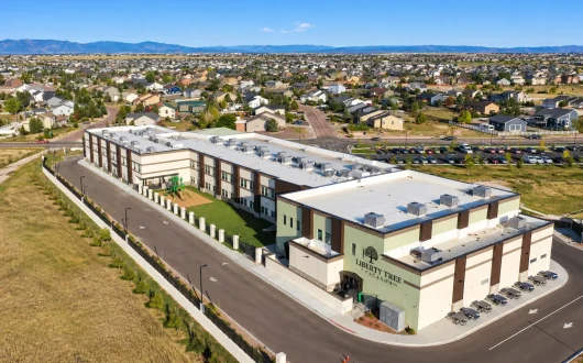 Liberty Tree Academy education facility in Colorado Springs, Colorado — aerial view of the school campus